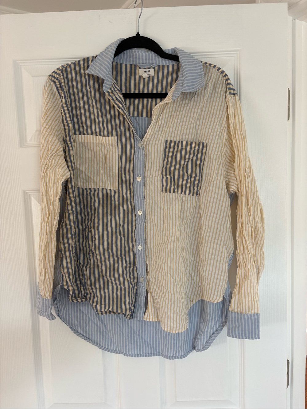 aerie Striped Patchwork Button-Down Shirt - Blue & Cream